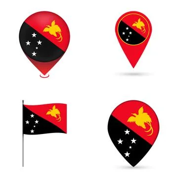 Papua New Guinea Flag Map Pin Icons Set Collection. Stock Illustration
