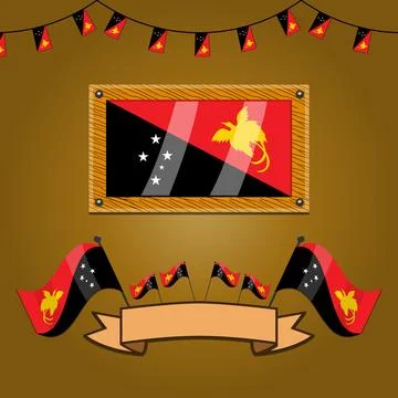 Papua New Guinea Flags On Frame Wood, Label Stock Illustration