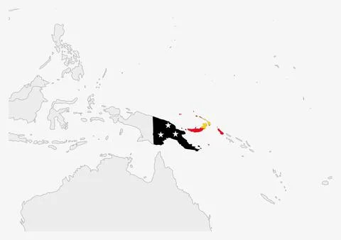 Papua New Guinea map highlighted in Papua New Guinea flag colors Stock Illustration