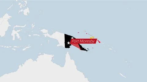 Papua New Guinea map highlighted in Papua New Guinea flag colors and pin of.. Stock Illustration