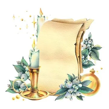 Papyrus paper sheets for text empty with candle in golden candlestick, snowberry Stock Illustration