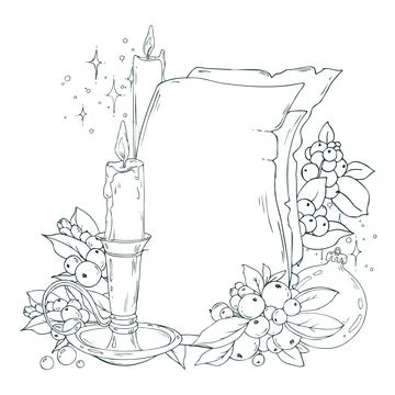 Papyrus paper sheets for text empty with candle in candlestick, snowberry and Stock Illustration