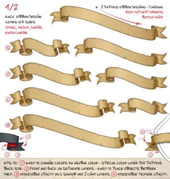 Papyrus Ribbons Diagonal Top Left Towards Bottom Right  Two Designs by Four.. Stock Illustration