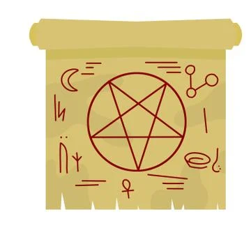 Papyrus scroll with magic spell. Star pentagram on paper. Stock Illustration