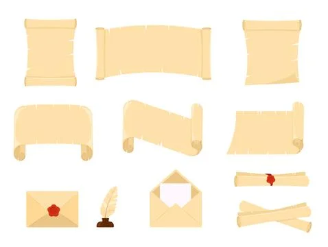 Papyrus scroll set, parchment paper with old texture, vector banner isolated  Stock Illustration