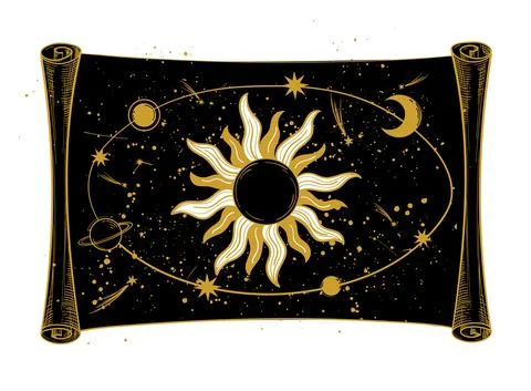 Papyrus with the structure of the universe, the sun, moon and lpnete on a black Stock Illustration