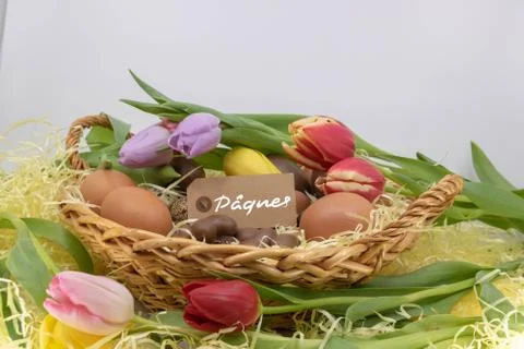 Pâques is Easter written in French with a basket filled and eggs Stock Photos