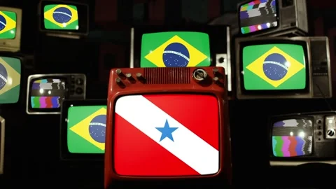 Para State Flag and Brazil Flags on Assorted Vintage TVs Stock Footage 288529484