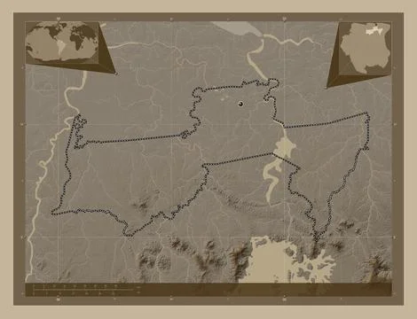Para, Suriname. Elevation map colored in sepia tones with lakes and rivers Stock Illustration