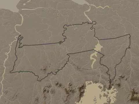Para, Suriname. Elevation map colored in sepia tones with lakes and rivers 库存插图