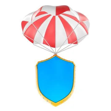 Parachute with blue shield. 3D rendering Stock Illustration