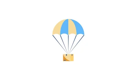 A parachute with a box suspended below, representing a supply drop from an .. Stock Footage 332321831