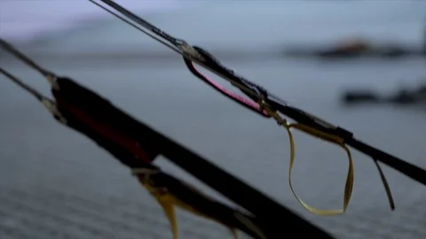 Parachute close up. Skydive canopy being packed close up of risers and steering  Stock Footage 115992873