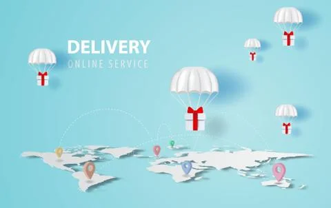 Parachute gift box floating on map location network.Delivery service web page Illustrazione stock