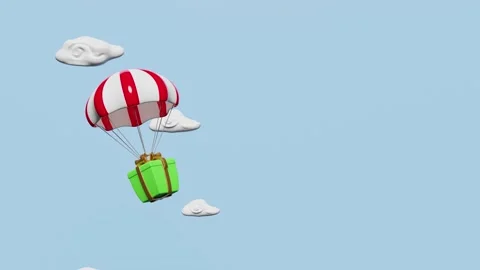 Parachute with green gift box floating in the cloud and sky isolated on blu.. Stock Footage 226153041