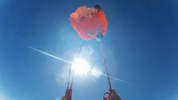 Parachute opening after freefall. Skydiver deploys and flies a canopy after jump Video stock 85866901