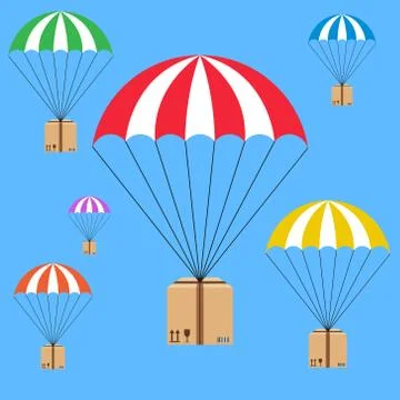 Parachute package floating through the sky. Vector. Delivery concept. 스톡 일러스트