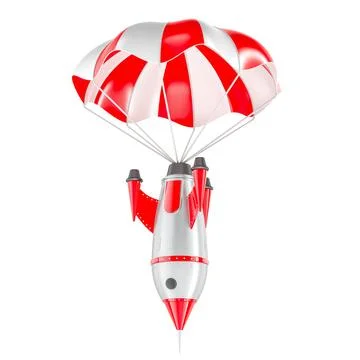 Parachute with Rocket Space Ship. 3D rendering Ilustração Stock