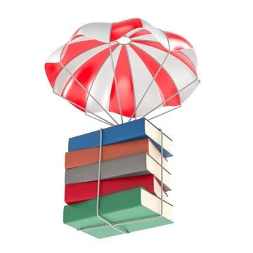Parachute with stack of books. 3D rendering Stock Illustration