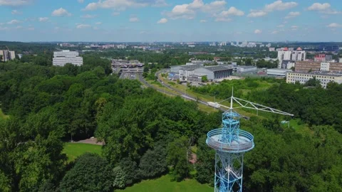 Parachute Tower in Katowice from a drone Stock Footage 156854720