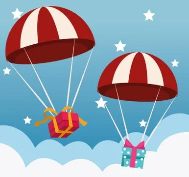 Parachutes with gift boxes over sky with stars background Stock Illustration