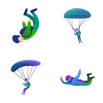 Parachuting icons set cartoon vector. Male skydiver during jump Illustrazione stock