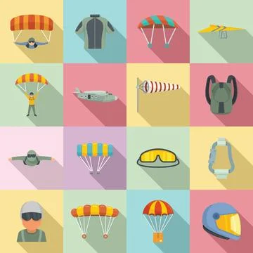 Parachuting icons set, flat style Illustrazione stock
