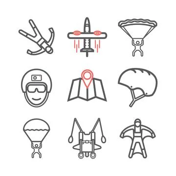 Parachuting line icons. Skydiving. Vector signs for web graphics. Illustrazione stock