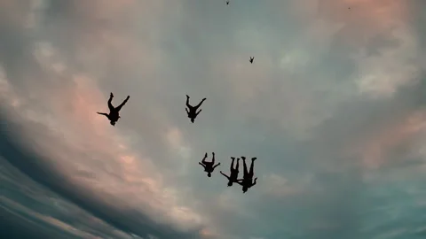 Parachutists jumping at the end of the day Stock Footage 156297410