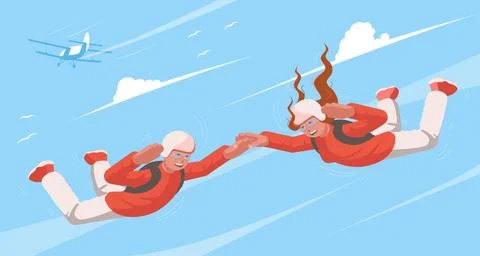 Parachutists soar in the sky. Skydiving. View of a couple flying in the sky. Illustration