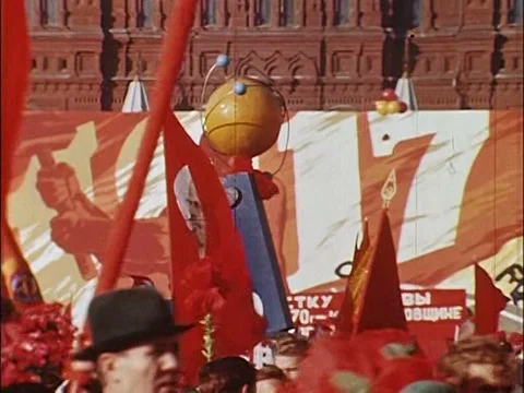 A parade celebrating the Russian space program in Moscow during the 1960's. Stock Footage 74777418