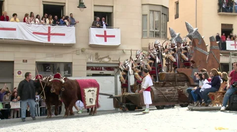 Parade float pulled by oxes turns Stock Footage 47955745
