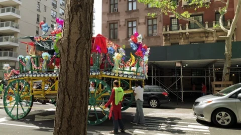 Parade float on wheels in Hare Krishna celebration in New York City NYC Stock Footage 112080110
