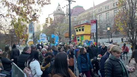 Parade floats line up before the 2022 Macy's Thanksgiving Day Parade NYC Stock Footage 230463705
