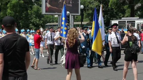 Parade with launch of 5000 balloons colors of Ukraine after school graduation 07 Stock-Footage 47291358