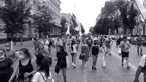 A parade, a march in a column, a peaceful procession - under the banners. Stock Footage 134158352