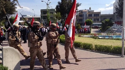 Parade of school militares students, marching, 17 nov 2017 Miraflores, Arequipa, Stock Footage 82471428