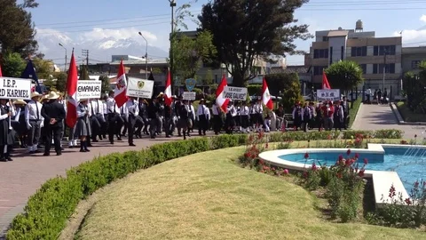 Parade of school students marching on the spot, 17 nov 2017, Miraflores Stock Footage 82470854