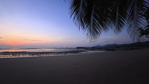 Paradise beach at dawn and dusk with white sand palm trees and tropical sea Stock Footage 332905767