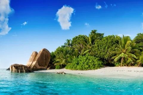 Paradise on earth : anse source d'argent beach on la digue island in seychell Stock Photos