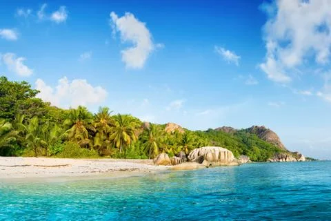 Paradise on earth : anse source d'argent beach on la digue island in seychell Stock Photos