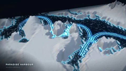 Paradise Harbour 3D White Terrain Relief Map With Glowing Route And Pack Ice Stock-Footage 343393438