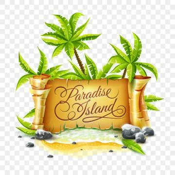 Paradise Island with ancient parchment script banner Stock Illustration