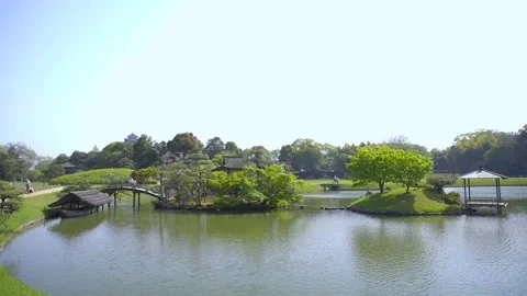 Paradise park with green grass, trees and clear river Stock Footage 161873072