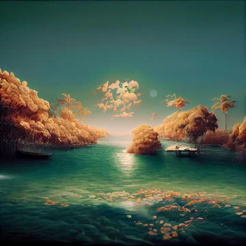 Paradise. Pink clouds, a river of bliss. A Child's Sunny Dream. High quality Stockillustratie