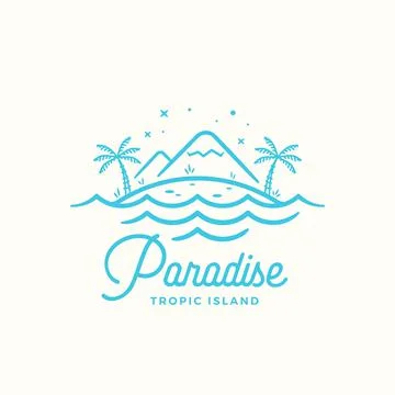 Paradise Vector Label, Emblem or Logo Template. Line Style Tropic Island with Illustrazione stock