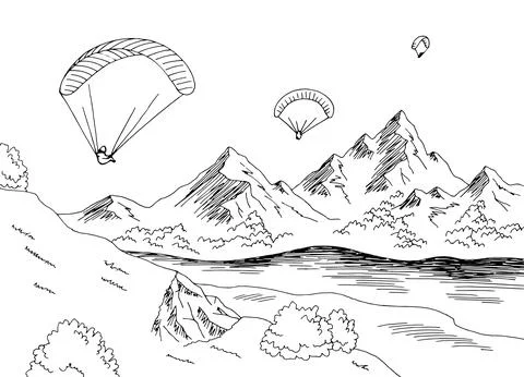 Paraglide fly mountain river graphic landscape sketch illustration vector Illustrazione stock