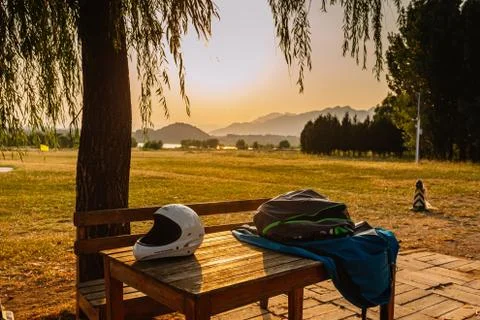Paraglider equipment , and in the background a beautiful mountain landscape a Stock Photos