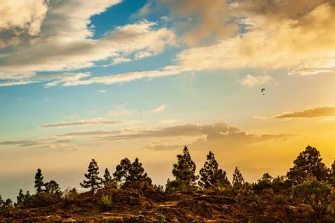 Paraglider flying in dramatic orange sunset with scenic clouds. Brown desert  Stock Photos