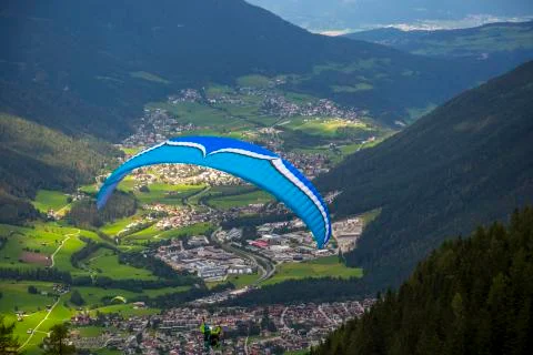 Paraglider over Neustift in Austria Stock Photos